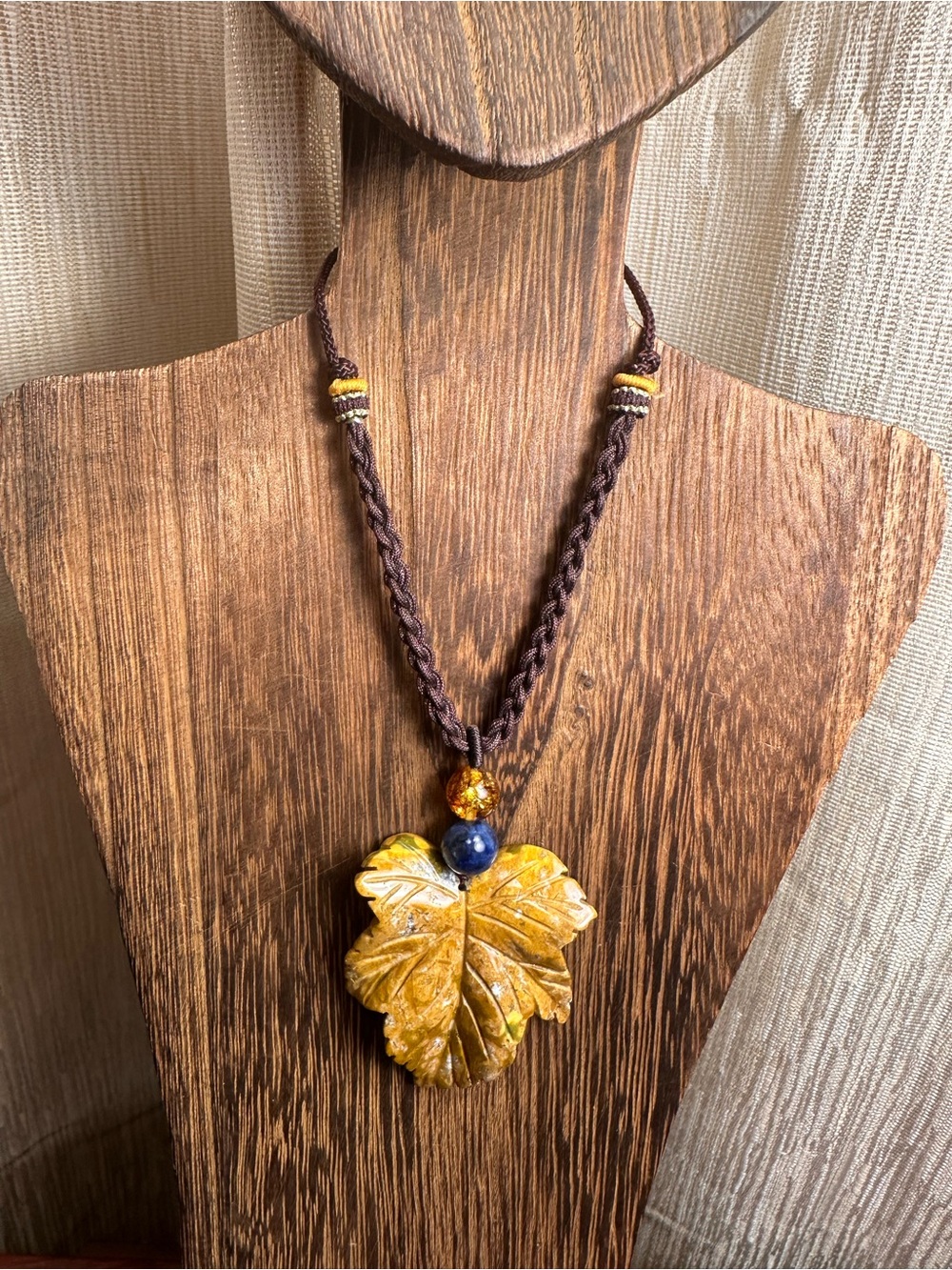 Yellow Ocean Jasper Leaf Carving Pendant Necklace on Brown Braided Rope - Picture 3 of 13